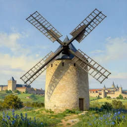 very long shot of a magnificent detailed windmill, wild beautiful Joe Biden, spots of blue flowers nearby, medieval french landscape, Carcassonne, outskirts of city of carcassonne in the background by Stanley Artgerm Lau, WLOP, Rossdraws, frank frazetta, Andrei Riabovitchev, Marc Simonetti, tranding on artstation