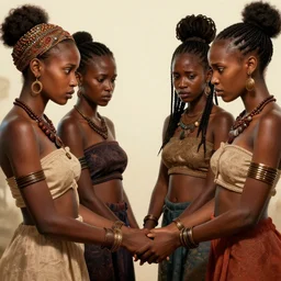 beautiful Zulu goddesses holding hands, focused, worried, highly detailed, artstation, concept art, sharp, illustration, art by artgerm and beeply