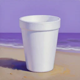an oil painting of a giant white styrofoam cup on the beach, the beach has purple water, surrealism