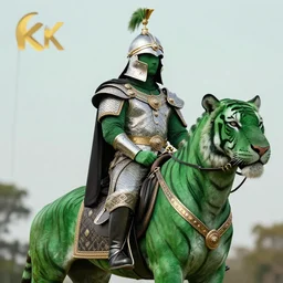 large green tiger wearing a royal battle saddle and helm, photo realistic, 4 k