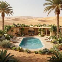 architectural rendering of habitat 6 7 in the desert, biophilia mood, pool, garden, highly detailed, cinematic,
