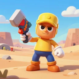 brawl stars character holding a weapon, 3 d render, in a desert