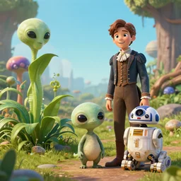 a girl and a boy standing next to some alien plants, a small cute alien creature is standing next to them, their pet droid is nearby, in a park on a alien planet, looking happy, wearing victorian clothes, ultra realistic facial details, enhanced faces, ultra photorealistic raytracing, 8k