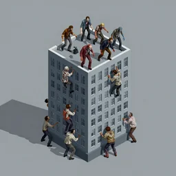 a horde of zombies climbing up the outside of an isometric skyscraper