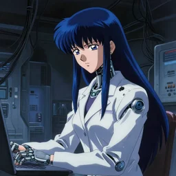 early 2 0 0 0's anime movie still : : shadow dystopian interior art : : long blue haired biomechanical science woman researcher : : somber far future cables lab background : : watching seriously