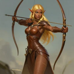 beautiful elf archer in the slumps, brown skin, golden hair, skintight brown leather armor, curves, high fantasy, dnd, smooth, sharp focus, illustration, by rossdraws, alphonse mucha, frank fanzzeta