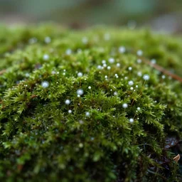 realistic photo of a moist moss covered with white dots, fluffy microbe ; 1 9 9 0, microscope, closeup, bokeh, natural colors, kodak ektar, 2 0 0 iso, 3 5 mm lens, bill henson