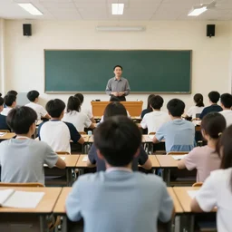 first - person view of the back of a some college students at their desks facing the front of the classroom where the teacher is standing all people with comically enlarged heads