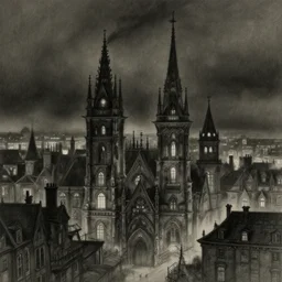 victorian city with towers at night, black smoggy night, award winning fantasy art, charcoal