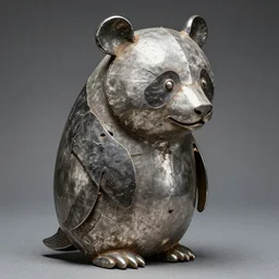 Metalwork of a Panda, medieval art, fragmented metal medieval sculpture of a penguim