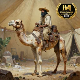a camel - like anthropomorphic merchant trader in a tent, matte oil painting, retrofuturistic, concept art, science fantasy, mutant, lgbt, queer, rpg, epic, rusted, white salt, badlands, jungles, dungeons & dragons, sacred, sharp focus, award - winning, extremely detailed, 4 k, 8 k
