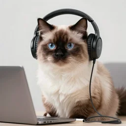a ragdoll cat wearing headphones listening to music,4k