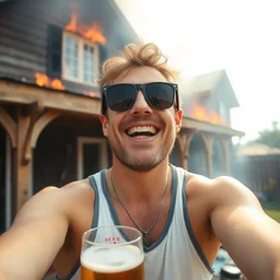 a selfie of a content bloke wearing a tank top, sunglasses, drinking beer, his house is on fire, high quality, detailed, a beautiful photograph from the nineties