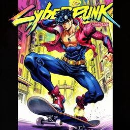 Anime key visual of Cyberpunk ninja Spider-Man in a colorful blue and scarlet suit, wearing a scarlet hoodie, riding a skateboard in Berlin, official media drawn by Hirohiko Araki, anime magazine cover, manga cover, in the style of JOJO’s bizarre adventure, Hirohiko Araki artwork