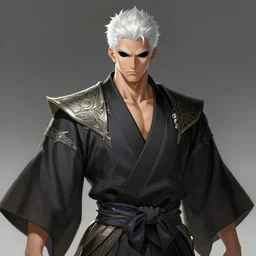 a highly detailed illustration of fierce short white!!! haired young japanese man wearing hakama, black! sclera! eyes, dramatic serious pose, muscular, intricate, elegant, highly detailed, centered, digital painting, artstation, concept art, smooth, sharp focus, league of legends concept art, wlop