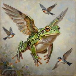a frog with wings flying with birds, oil on canvas, portrait, intricate, 8k highly professionally detailed, HDR, CGsociety