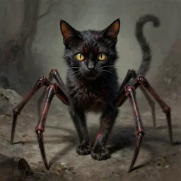 a picture of an horrific cat that has spider legs and eyes, art by wayne barlowe