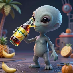 little grey alien happily drinking a bottle of delicious pineapple & banana flavoured nuka cola, unreal engine, retro futurism, dieselpunk, 3 d art, concept art, highly detailed, pop art, by artgerm and jakub rozalsky