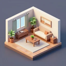 isometric 3d octane render of a low poly living room