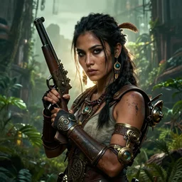 portrait of a young very beautiful cute tribal woman with a steampunk gun, post apocalyptic city overgrown with lush vegetation, by Luis Royo, by Greg Rutkowski, dark, gritty, intricate, highly detailed face, backlit, strong rim light, cover illustration, concept art, volumetric lighting, volumetric atmosphere, sharp focus, octane render, trending on artstation, 8k