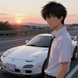 aesthetic detailed illustration of ryosuke takahashi with black hair, standing by his white glossy mazda rx 7 on an empty highway at sunrise, cinematic lighting, initial d anime 1 0 8 0 p, detailed anime face, high detail, 9 0 s anime aesthetic, volumetric lights, rule of thirds, unreal engine 5 render, pinterest wallpaper, trending on artstation
