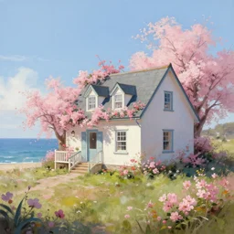 house by the seaside, art, digital, painting, bloom, 8 k, hyperrealistic, photo