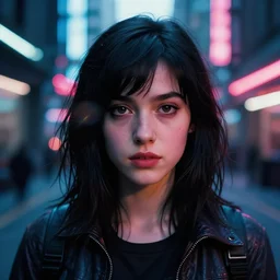 A hyper realistic and detailed head portrait photography of raven-hair stunningly beautiful nerd female, Aubrey Plaza in futuristic clothing on a futuristic street. by Annie Leibovitz. Neo noir style. Cinematic. neon lights glow in the background. Cinestill 800T film. Lens flare. Helios 44m