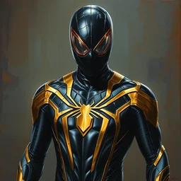 photorealistic, hyperdetailed, oil painting, of a black and gold, sleek stealth suit and spider - man suit hybrid, by greg rutowski, by stanley artgerm