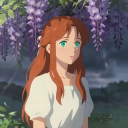 a beautiful southern woman named Savannah, innocent, somber turquoise eyes, freckles, long ginger hair tied with white ribbon, sad under a wisteria plant, gentle lighting, storm in the distance, simple dress, digital art by Makoto Shinkai ilya kuvshinov and Wojtek Fus, digital art, concept art,