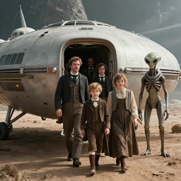 75mm still from a sci fi blockbuster movie made in 2022, set in 1860, of a family leaving a spaceship, that has just landed on an alien planet, wearing 1850s era clothes, a humanoid alien stands nearby, cinematic lighting, 8k, in focus faces, oscar winner, high quality photography
