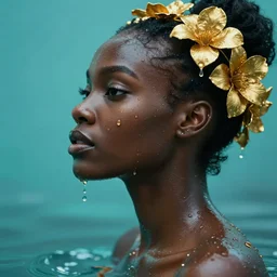 hyperrealistic [ precisionist ] cinematic profile very expressive! black oshun goddess, in water! up to shoulders, mirror dripping droplet!, gold flowers, highly detailed face, digital art masterpiece, smooth eric zener cam de leon, dramatic pearlescent turquoise light on one side, low angle uhd 8 k, shallow depth of field