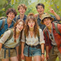 an engaging photorealistic painting that tells a story. the painting depicts a group of friends going on an adventure together. the story is told through the expressions and actions of the characters in the painting. vibrant colors, funny, personal, positive, visually pleasing, engaging. high resolution. high quality. hq hd. 8 k. trending on artstation.