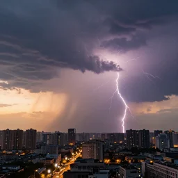 a photo of a supercell thunderstorm in a city, cityscape, illuminated from various angles by the setting sun, cinematic, dynamic lightning, lightning bolts, mystic hue clouds