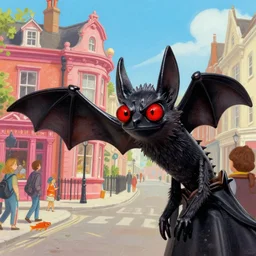 wide - angle profile face portrait of tin toy jack the rippers as a bats with glowing red eyes sightseeing in victorian london, nicoletta ceccoli, mark ryden, lostfish, max fleischer, hyper realistic, artstation, illustration, digital paint, matte paint, vivid colors, bright, cheerful, detailed and intricate environment