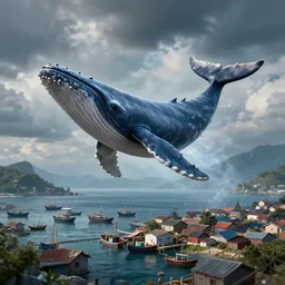 whale flying over fishing village, unreal engine, 3 d studio, digital art, dramatic colour