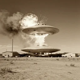 vintage photo of ufo crash in roswell desert on factory, sepia, haze, explosion, night, 4K, fractal