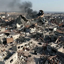 color video footage, huge bombed town,