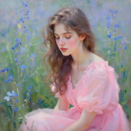 a portrait of a beautiful woman, intimate, lovely, painting by leonid afremov and rolf armstrong, digital painting, faded color disposition, vibrant neon pastel, pink dress, field of blue flowers, magical, aesthetic