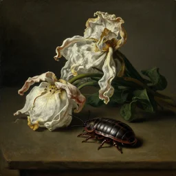 isopods crawling dutch golden age still life, roley poley dutch golden age, pill bug, withered flowers, otto marseus van schrieck still life, dutch golden age painting, dramatic lighting, cinematic lighting, willem van aelst still life, elias van den broeck painting still life, christiaen striep still life, rachel ruysch flowers, oil on canvas, highly