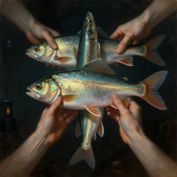 retro future, slightly scary escher like projections of fish with human hands for fins