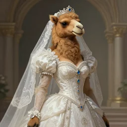 female anthro camel fursona in a wedding dress, deep focus, intricate, elegant, regal, highly detailed, digital painting, artstation, concept art, matte, sharp focus, illustration, d & d, fantasy, hearthstone, art by artgerm and greg rutkowski and alphonse mucha