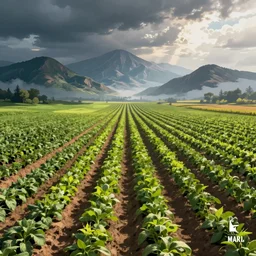 straight rows of crops, distant mountains in the background, digital 2d fantasy art