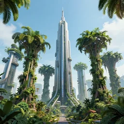 futuristic solarpunk cyberpunk skyscrapers in the shape of amazon jungle trees, hd, 8 k, octane render, christophe vacher