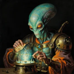 a baroque close - up portrait painting of a teal and orange alien steampunk wizard fixing a glowing sci - fi time machine. black background. highly detailed science fiction painting by norman rockwell, moebius, frank frazetta, and syd mead. high contrast. renaissance masterpiece. artstation