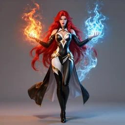 Full body Portrait of a female elementalist, black-white skintight robes, leggins, golden accessories, fiery red hair, long straight hair, sculptured face, blue eyes, red lipstick, floating, Fire left!, Ice right!, dual magics, extremely detailed, by frank franzzeta, WLOP, Genzoman and gary gygax, trending on artstation, artstationHD, artstationHQ, deviantart, 16K, HD, matte painting, vibrant colors