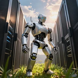 the robot humanoid works in inside the data center server closeup macro, cinematic view, epic sky, detailed, concept art, low angle, high detail, warm lighting, volumetric, godrays, vivid, beautiful, trending on artstation, by jordan grimmer, huge scene, grass, art greg rutkowski