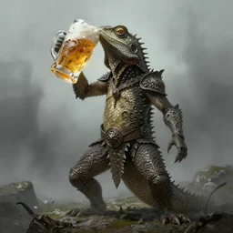 lizard drinks beer, beer, glass, beer mug in hand, intricate, triumphantly, foggy background, full body art, dark souls, drawing, concept art, artstation, digital painting