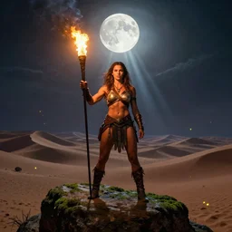 face portrait of mila kunis as muscled amazon warrior posted on a large mossy rock holding a torch, full moon, moon rays, beautiful epic vista, flowing hills, far desert, fireflies, eerie sky, frank frazetta, alex horley, ralph horsley, michael whelan