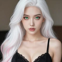 a beautiful portrait, sexy fantasy. professionally retouched, soft lighting, wearing sexy black dessous, realistic, smooth face, perfect green eyes, long white hair with pink highleights, wide angle, sharp focus on the eyes, 8 k high definition, insanely detailed, intricate, elegant, art by artgerm and wlop