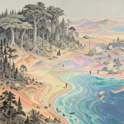 highly detailed holographic iridescent sci fi world with forests deserts and oceans, by gilbert williams, by simon stalenhag, by beeple, by bruce pennington, by moebius, featured in juxtapoz, mixed media, dynamic composition, octane render, with many different pastel shades of blue pink orange yellow green, beautiful lighting, desaturated